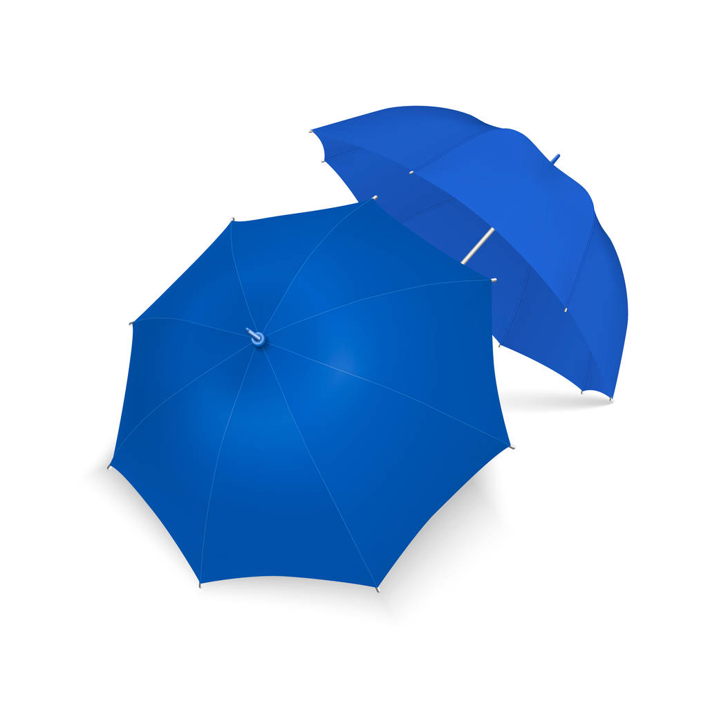 Wektor 3D realistyczny Render niebieski blank parasol ikona zestaw zbliżenie izolowane na białym tle. Szablon projektu otwartych parasoli dla makiety, branding, reklama itp. Widok z góry i z przodu - Wektor, obraz