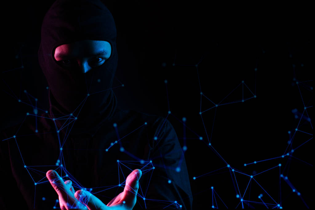 Hacker-Maske Mann, Anti-Viren-Netzwerk, Robotersystem online, Data Deep Learning, Server Security Hacking, Hologramm ui ai - Foto, Bild