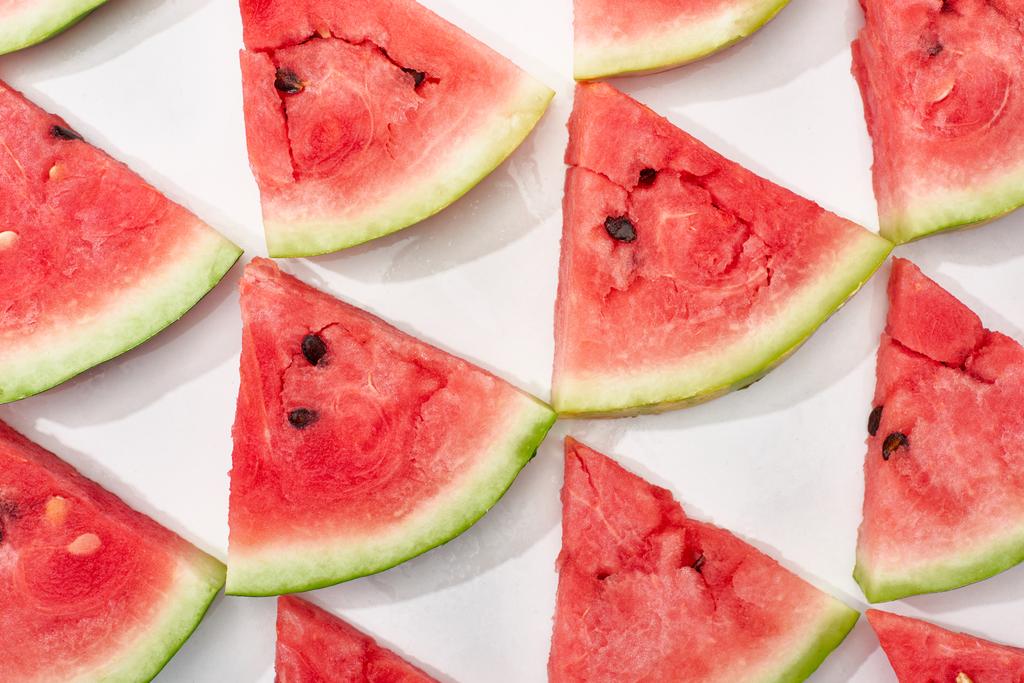flat lay with delicious watermelon slices on white background - Photo, Image