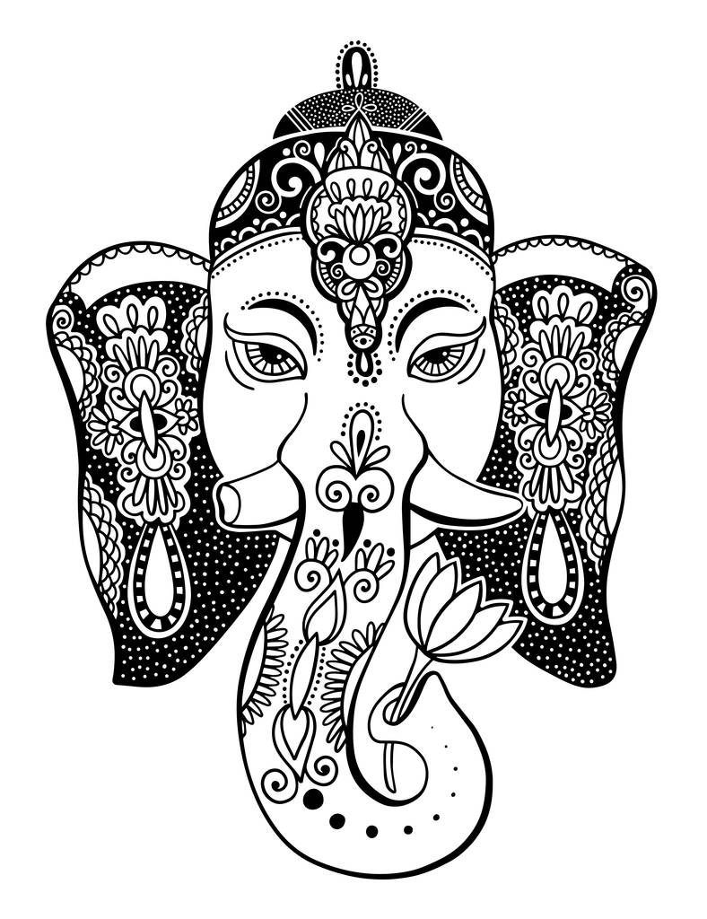 Λόρδος Γκανέσα κεφάλι με το σχέδιο λωτού-Ινδικό πνεύμα ζώο ελέφαντας - Διάνυσμα, εικόνα