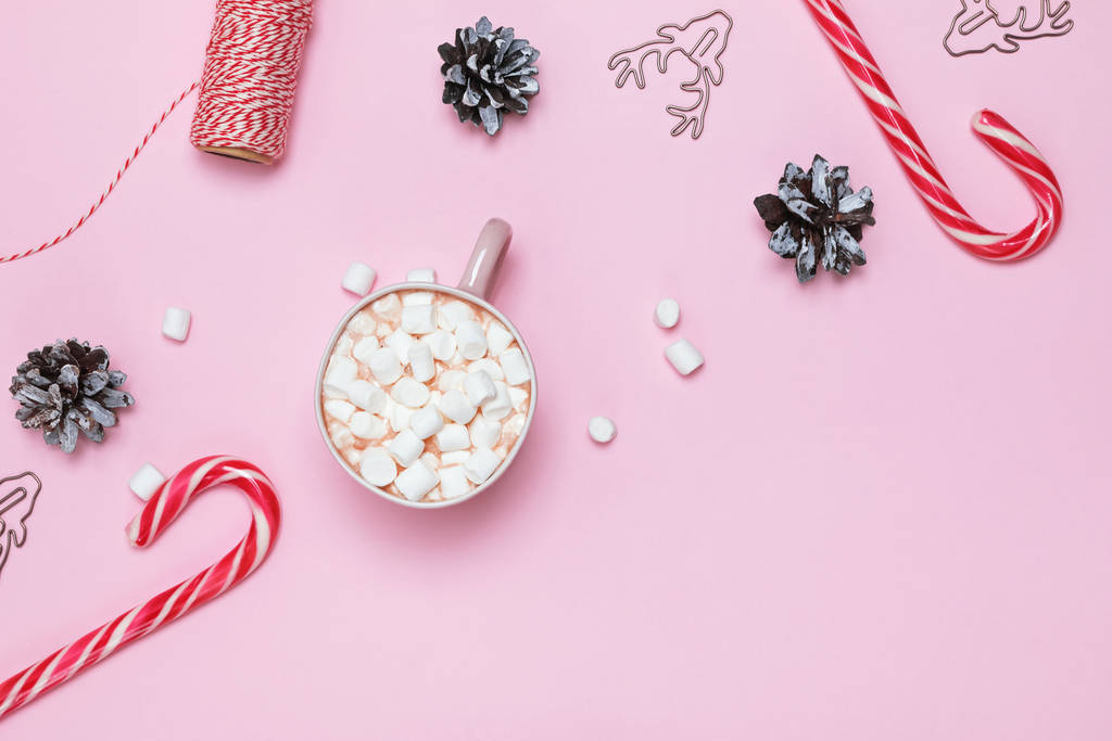 Kerst plat lag met cacao en marshmallows, snoep stokken en dennenappels - Foto, afbeelding