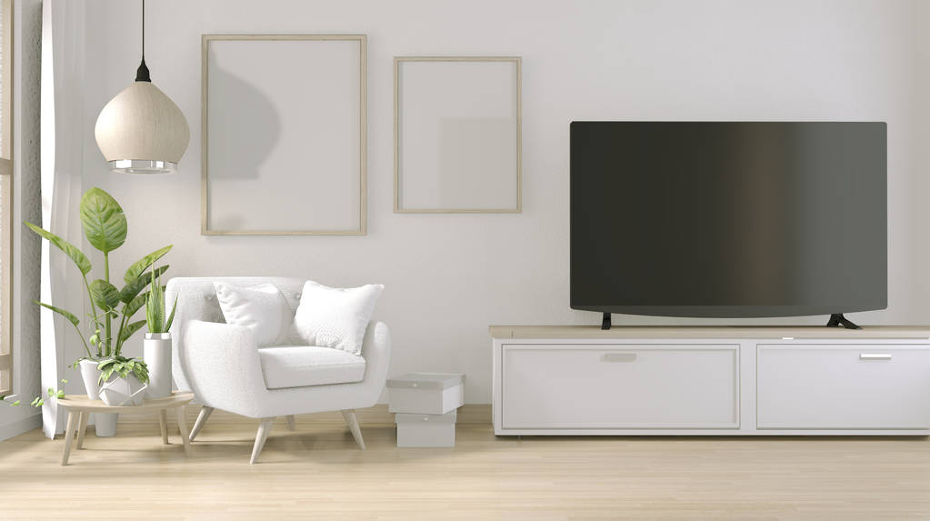 Meuble TV sur pied dans le salon moderne avec fauteuil et déco
 - Photo, image