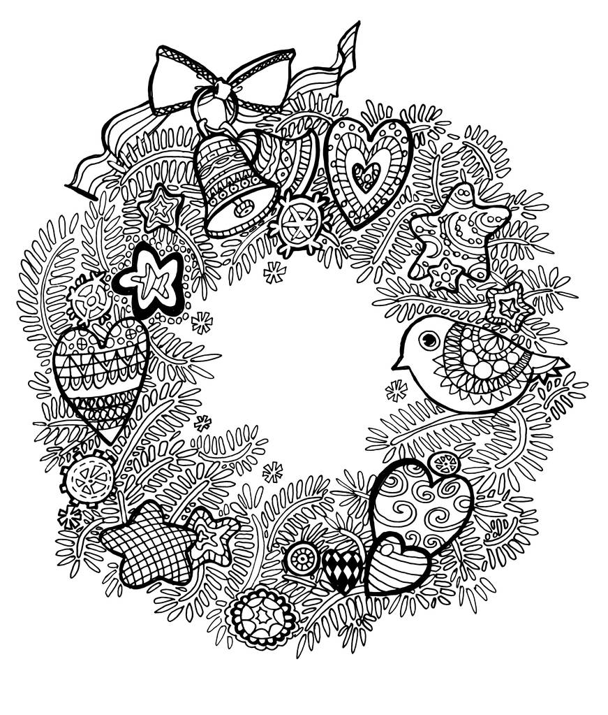 Colorante de Navidad antiestrés, para adultos y niños. Corona de Navidad con ramas de abeto, conos, juguetes y decoraciones, patrones
 - Foto, Imagen