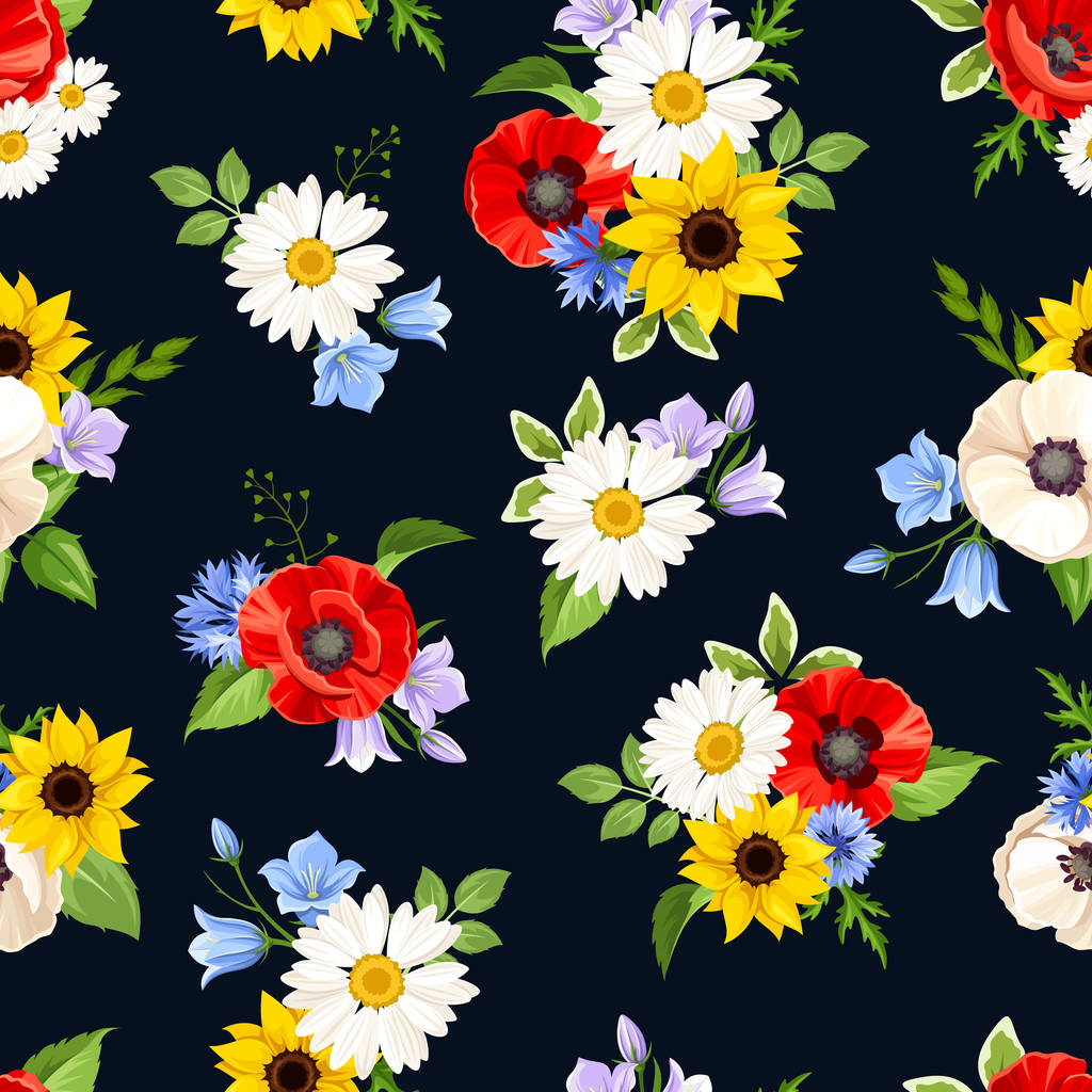 Vector seamless pattern with colorful flowers on a dark blue background. - Vector, Image