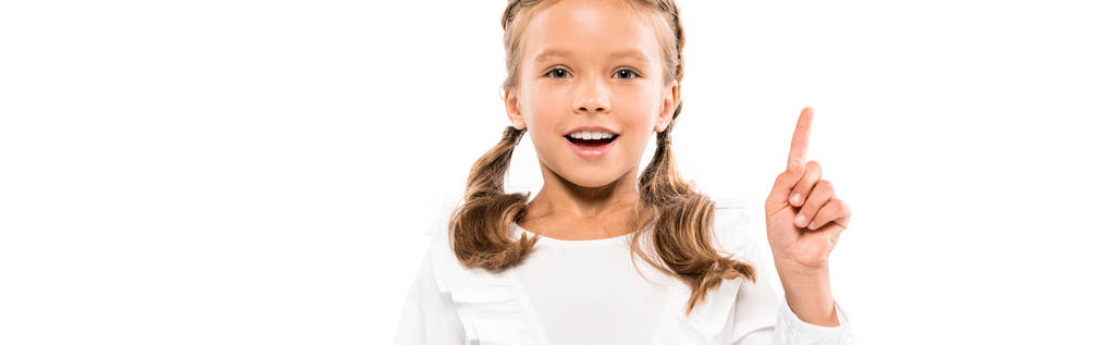 白に孤立したアイデアを持つ幸せな子供のパノラマショット  - 写真・画像