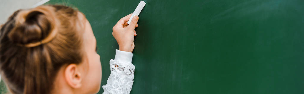 panoramic shot of schoolchild holding chalk near chalkboard on green  - Photo, Image