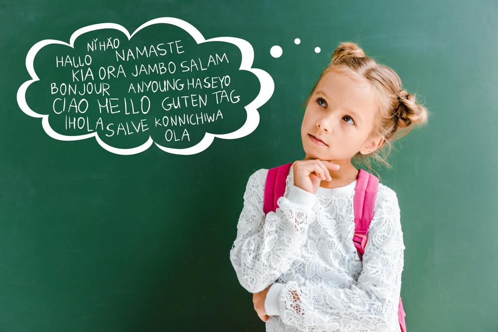 pensive kid standing with backpack near chalkboard with greetings lettering on green  - Photo, Image
