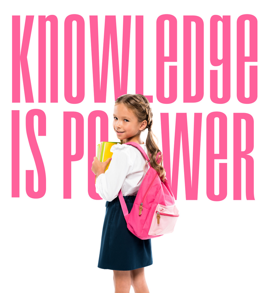 happy child holding books and standing with pink backpack near knowledge is power lettering on white  - Photo, Image