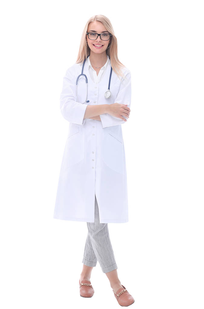 pełnego wzrostu. uśmiechnięta kobieta lekarz z stetoskop - Zdjęcie, obraz