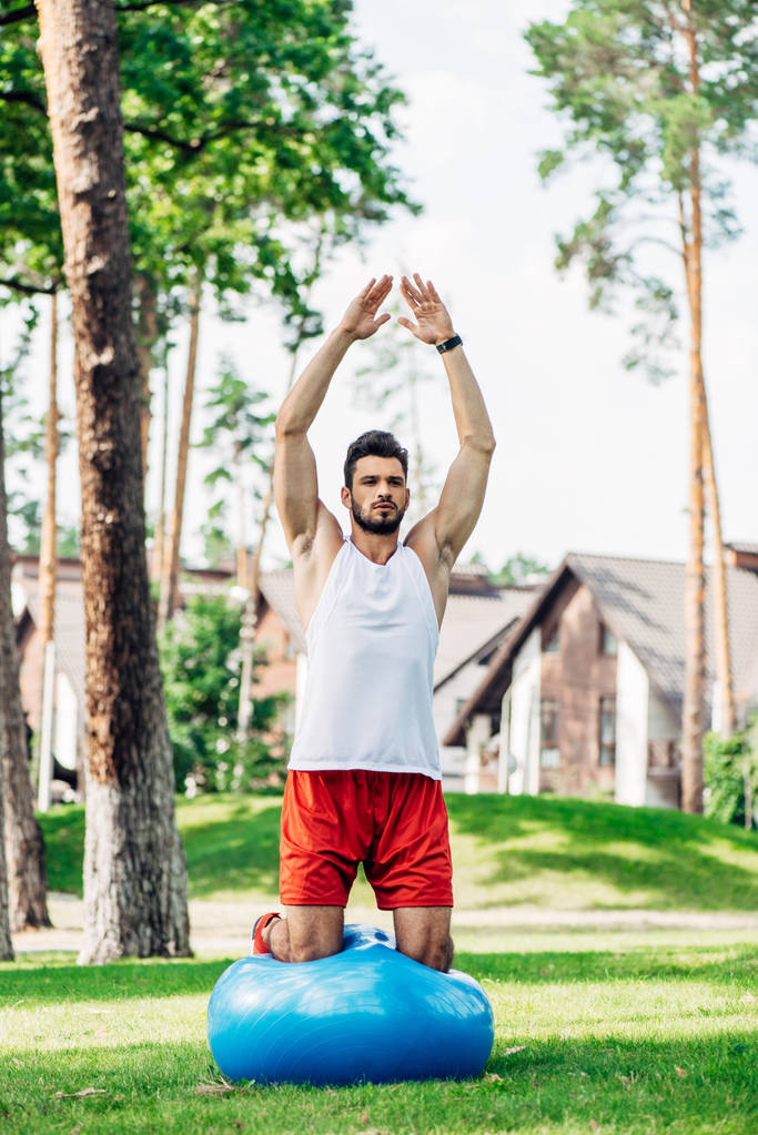handsome bearded man working out on fitness ball in park  - Photo, Image