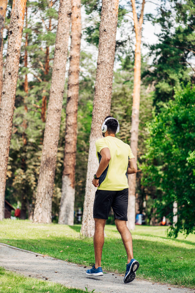 вид сзади на человека, бегающего, слушая музыку в наушниках в парке
  - Фото, изображение