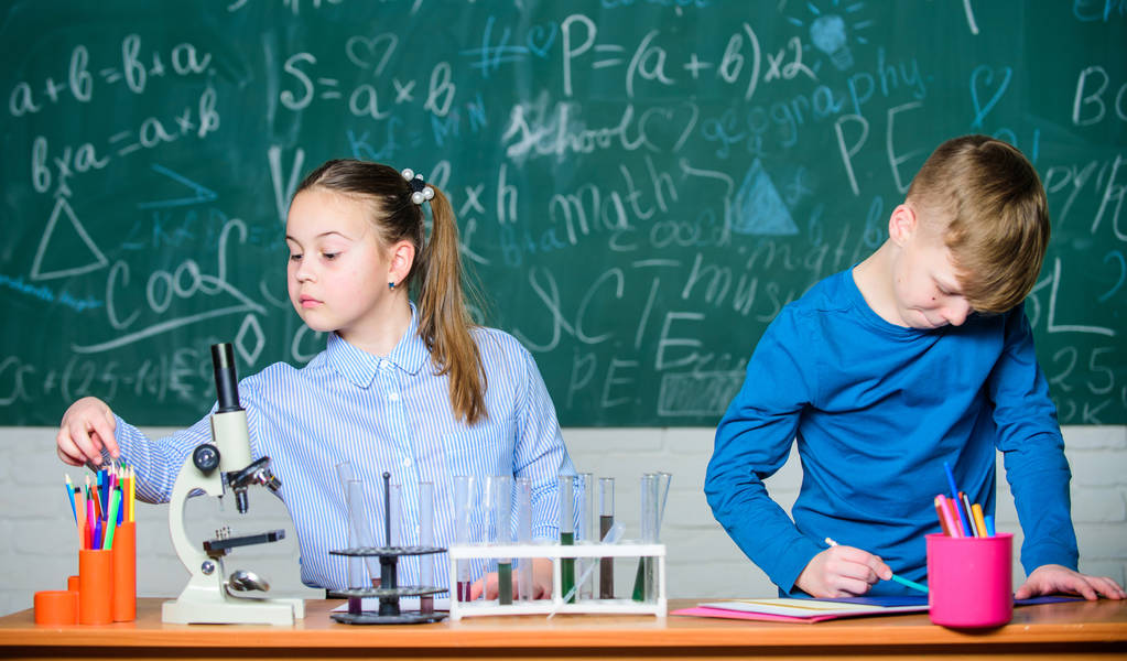 Κορίτσι και αγόρι έξυπνοι μαθητές διεξάγουν σχολικό πείραμα. Περιγράψτε το σημειωματάριο χημικών αντιδράσεων. Σχολική εκπαίδευση. Χημική ανάλυση. Τα παιδιά έχουν δουλειά στη χημεία. Μάθημα χημείας στο σχολείο. Σχολικό εργαστήριο - Φωτογραφία, εικόνα