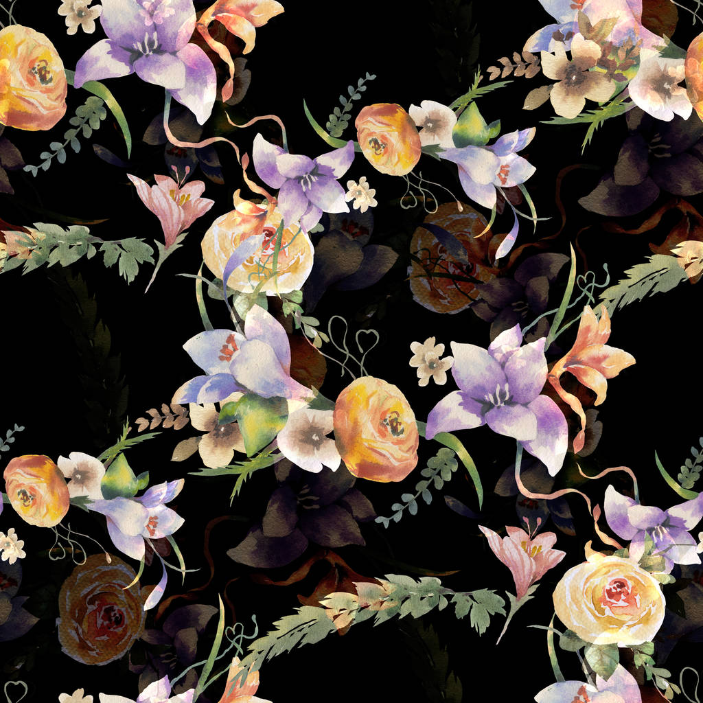 Aquarelle peinture de feuilles et de fleurs, motif sans couture sur fond sombre - Photo, image