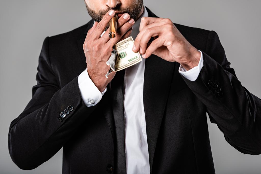 vista recortada de rico hombre de negocios en traje negro iluminando cigarro de billete de dólar en llamas aislado en gris
 - Foto, imagen