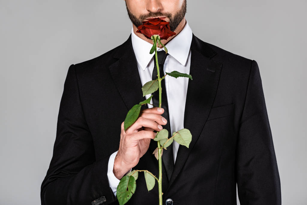 περικομμένη θέα του κομψό όμορφο επιχειρηματία με μαύρη στολή που μυρίζει κόκκινο τριαντάφυλλο απομονώθηκε σε γκρι - Φωτογραφία, εικόνα