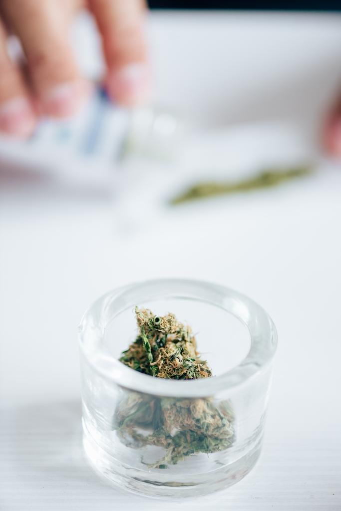 selectieve focus van medische marihuana knoppen op tafel in appartement  - Foto, afbeelding