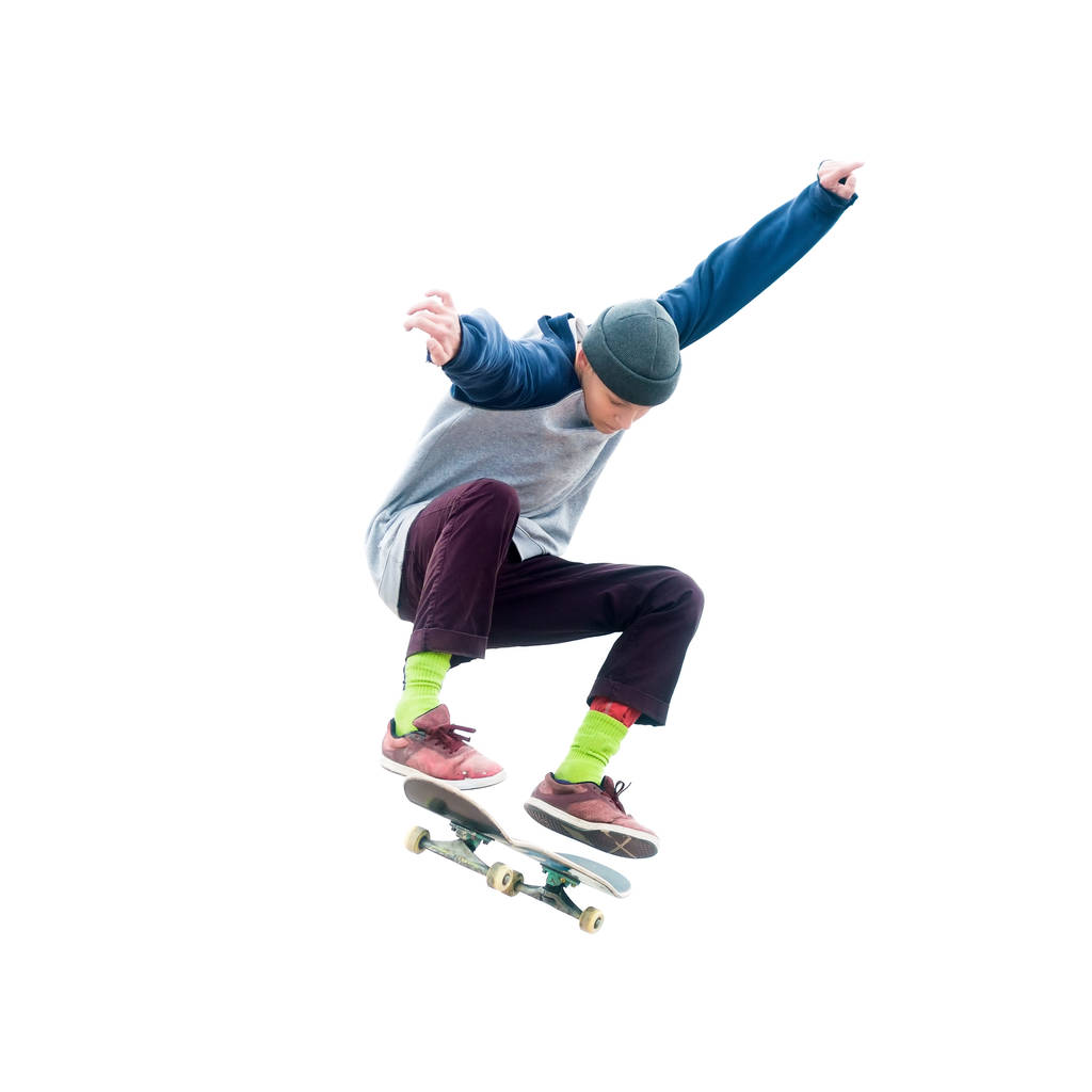Подросток-скейтбордист прыгает Олли на изолированном белом фоне. Концепция уличного спорта и городской культуры
 - Фото, изображение