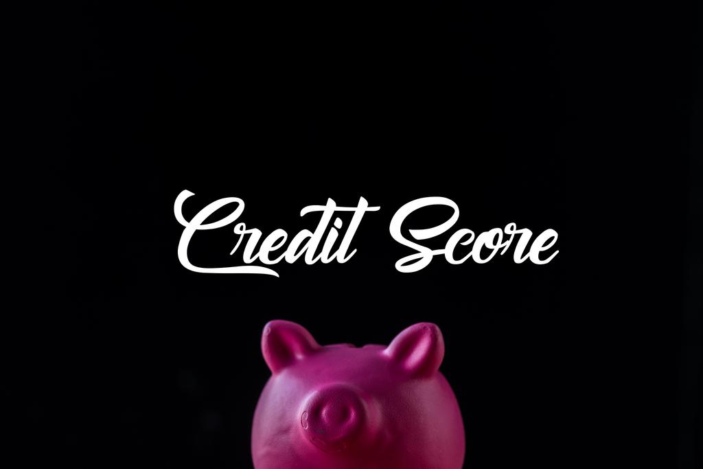 salvadanaio rosa vicino al punteggio di credito lettering su nero
  - Foto, immagini