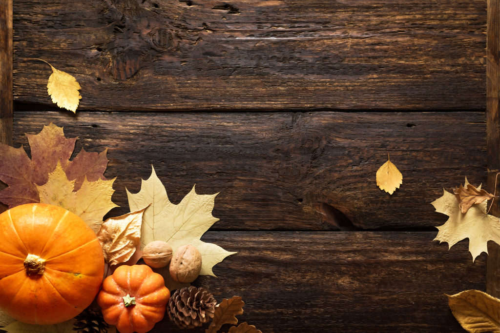 Skład jesienny: dynie i liście - Zdjęcie, obraz
