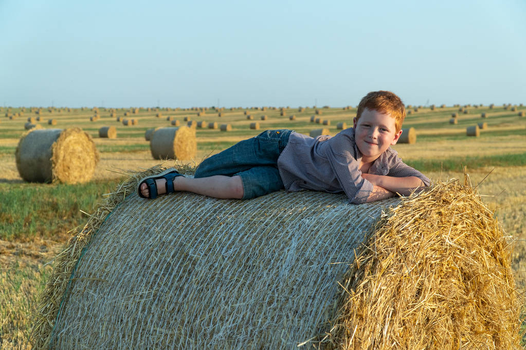 Το κοκκινομάλλικο αγόρι βρίσκεται πάνω σε ένα καλαμάκι σε ένα χωράφι με σιτάρι. - Φωτογραφία, εικόνα