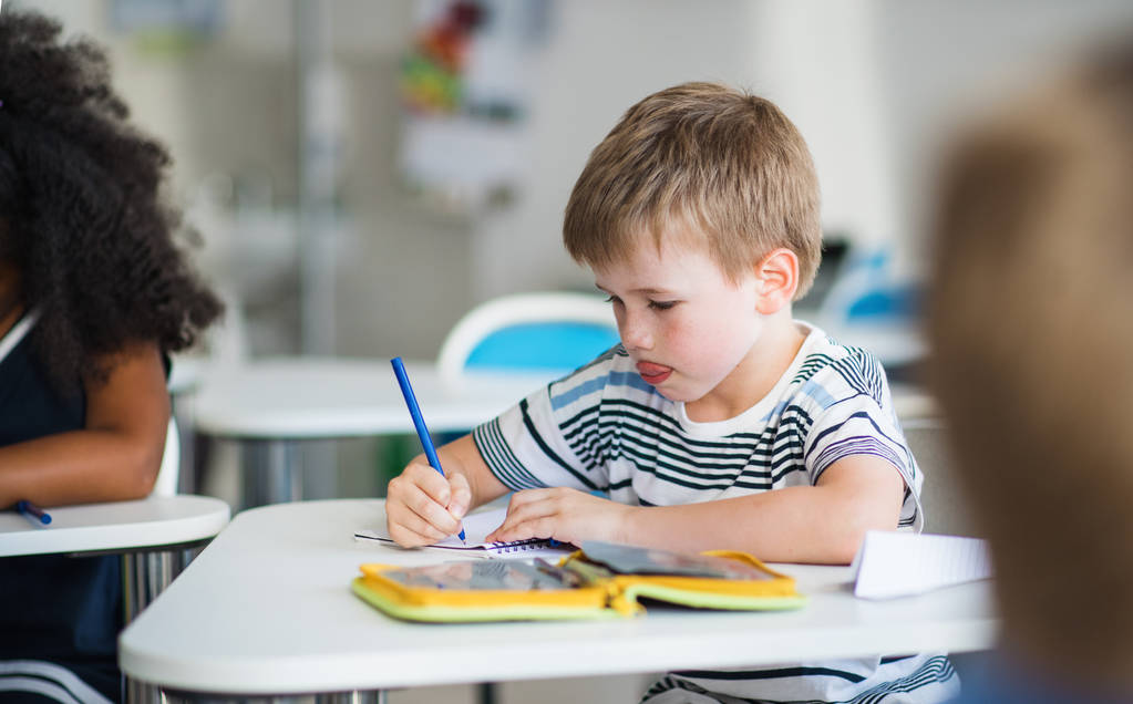 Een kleine school jongen zittend aan de balie in de klas, schrijven. - Foto, afbeelding