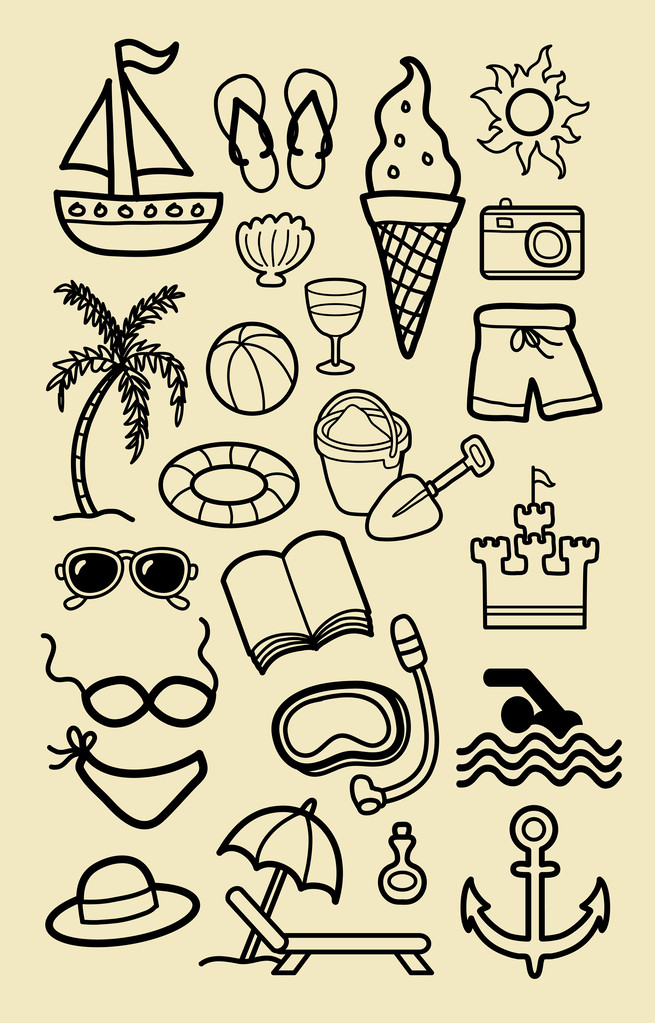 zomer strand doodle pictogrammen - Vector, afbeelding