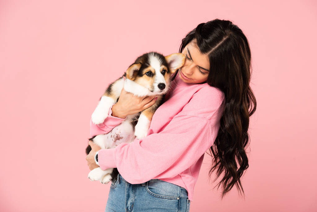 happy attractive girl holding cute puppy, isolated on pink - Photo, Image