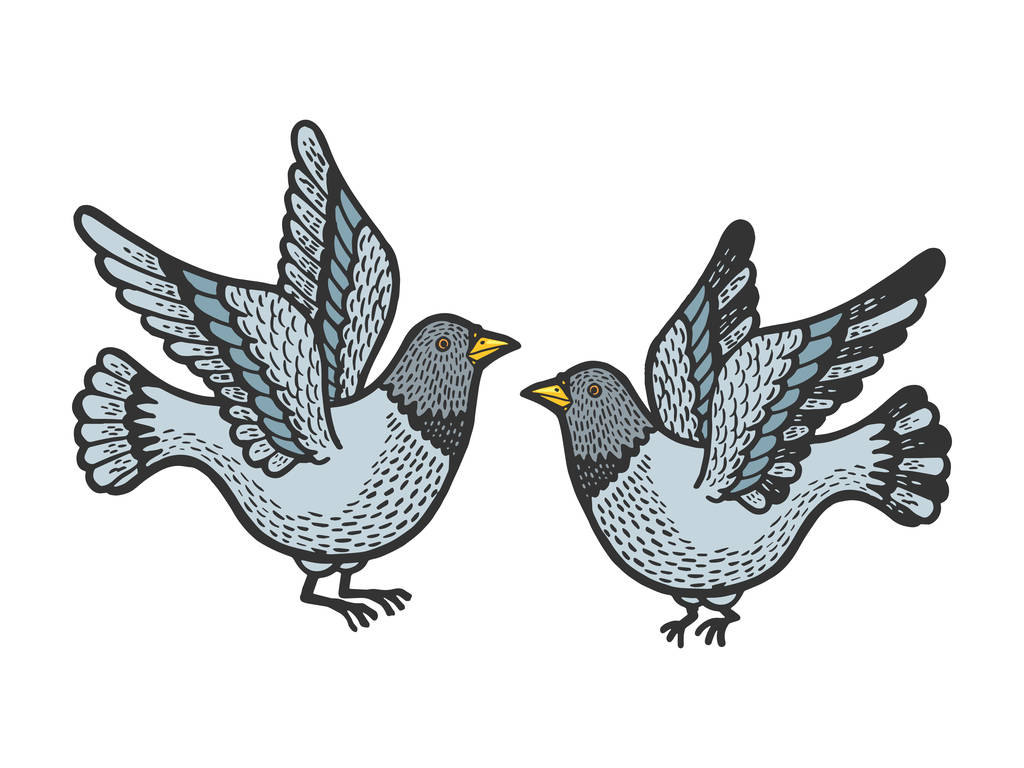 Colomba piccione uccelli tatuaggio disegno a colori incisione vettoriale illustrazione. Imitazione in stile gratta e vinci. Immagine disegnata a mano
. - Vettoriali, immagini