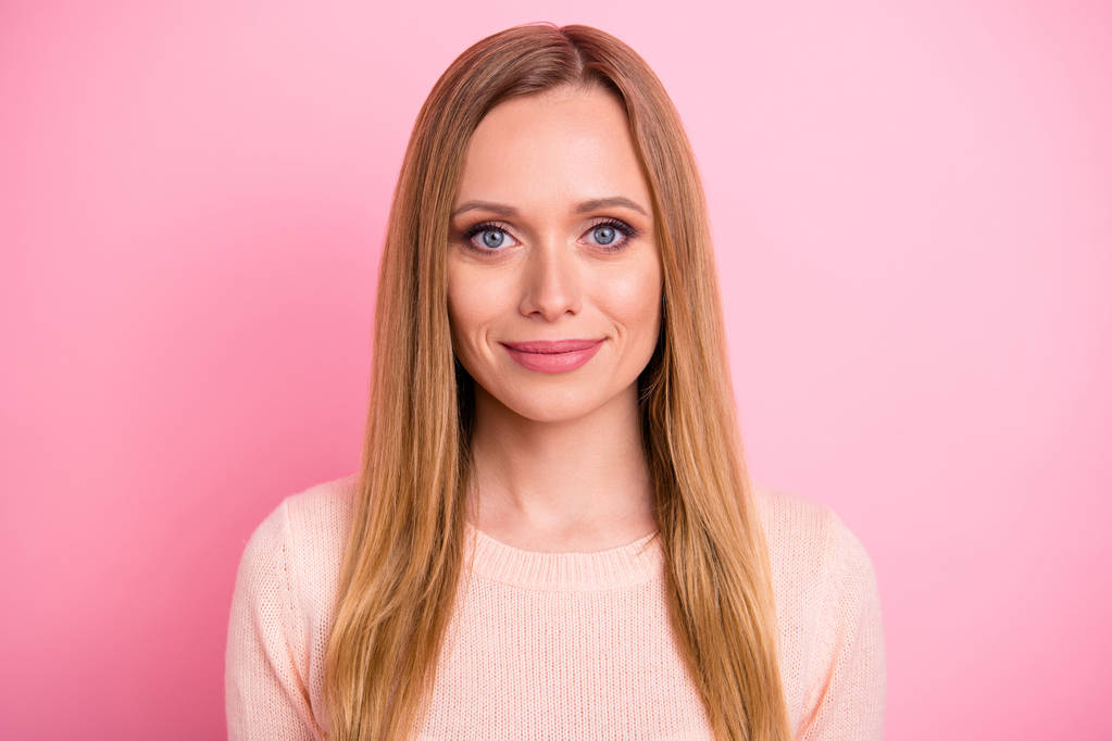 Portrait of pretty lady look listen isolated over pink background - Photo, Image