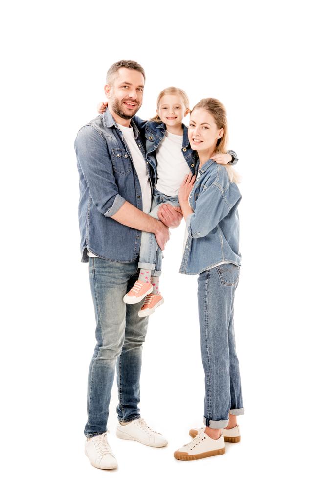 full length view of happy parents in jeans holding daughter isolated on white - Photo, Image