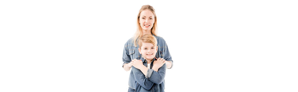 panoramic shot of happy mother and son isolated on white - Photo, Image