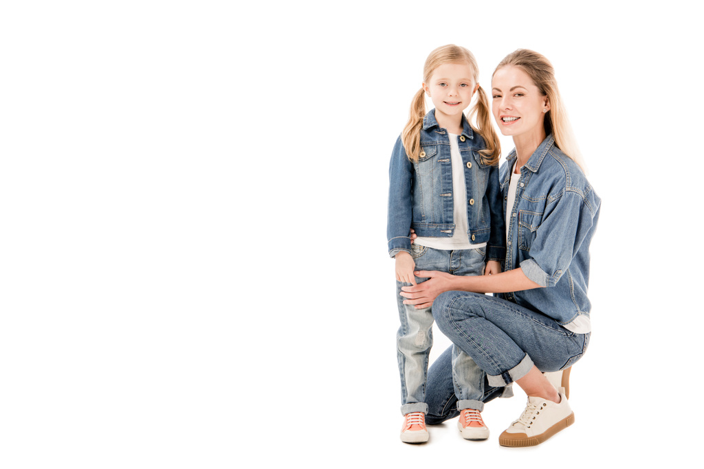happy mother and daughter smiling isolated on white - Photo, Image