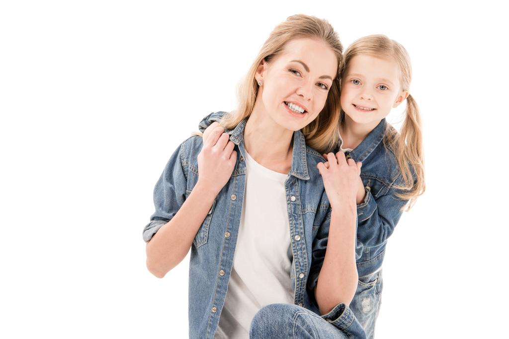 happy mother and daughter smiling isolated on white - Photo, Image