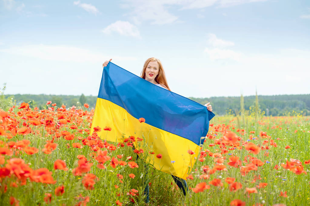 Ragazza porta sventolando bandiera blu e gialla dell'Ucraina in campo. Festa della bandiera dell'indipendenza ucraina. Giorno della Costituzione. Donna in ricamo tradizionale con bandiera dell'Ucraina. 24 agosto. Vacanza patriottica
. - Foto, immagini