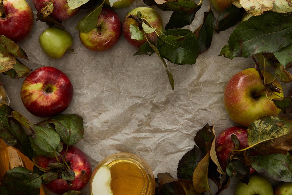 vista dall'alto di mele con foglie e bicchiere di sidro su carta pergamena con spazio per copia
 - Foto, immagini