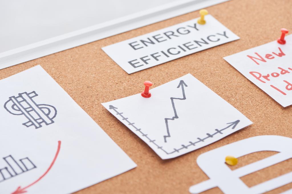 carte di carta con testo efficienza energetica e aumentare grafico appuntato sul bordo ufficio sughero
 - Foto, immagini