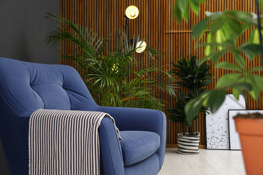 Raumausstattung mit Sessel und Zimmerpflanzen. trendige Wohnkultur - Foto, Bild