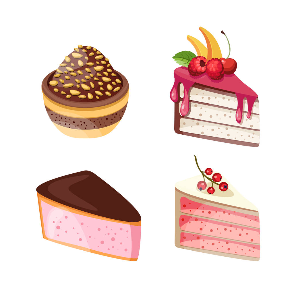 Színes desszertek, erdei gyümölcsökkel. Csokoládé sütemények különböző töltelékek. Vektoros illusztráció. - Vektor, kép