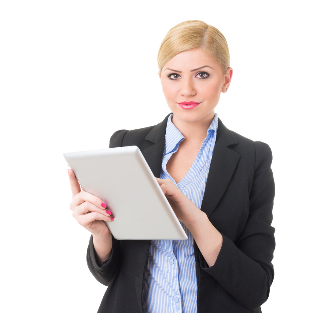 Gelukkig vrouwelijke baas werken op tablet pc - Foto, afbeelding
