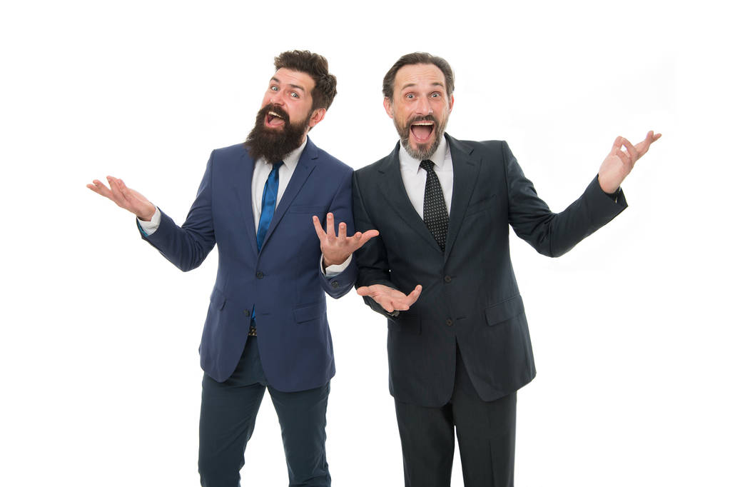 teamwork surprise. partnership of boss men isolated on white. bearded businessmen in formal suit. men have own business. collaboration and teamwork. business meeting. team success. happy teamwork - Photo, Image