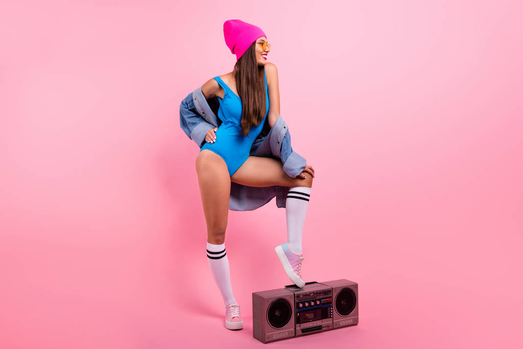 Full length body size view of nice-looking attractive lovely shine glamorous cheerful cheery straight-haired girl modern dance class posing holding leg on boombox isolated over pink pastel background - Photo, Image