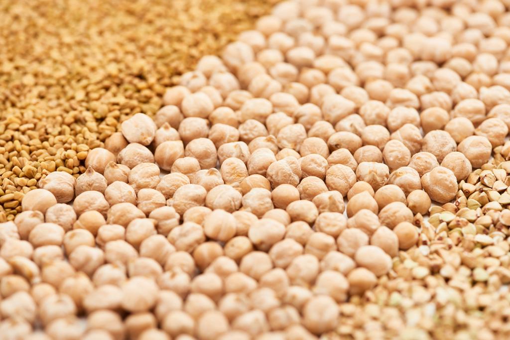 close up view of raw chickpea between assorted grains - Photo, Image