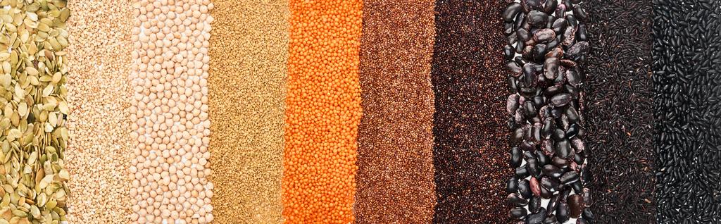 panoramische foto van geassorteerde zwarte bonen, rijst, quinoa, rode linzen, boekweit, kikkererwten en pompoenpitten - Foto, afbeelding
