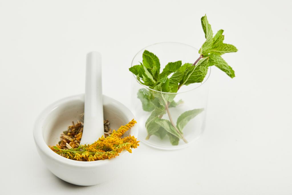 argamassa e pilão com mistura de ervas perto de vidro com hortelã fresca no fundo branco
 - Foto, Imagem