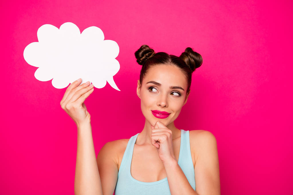 Close up photo of pretty girl holding paper card cloud touching her chin looking having thoughts isolated over fuchsia background - Photo, Image