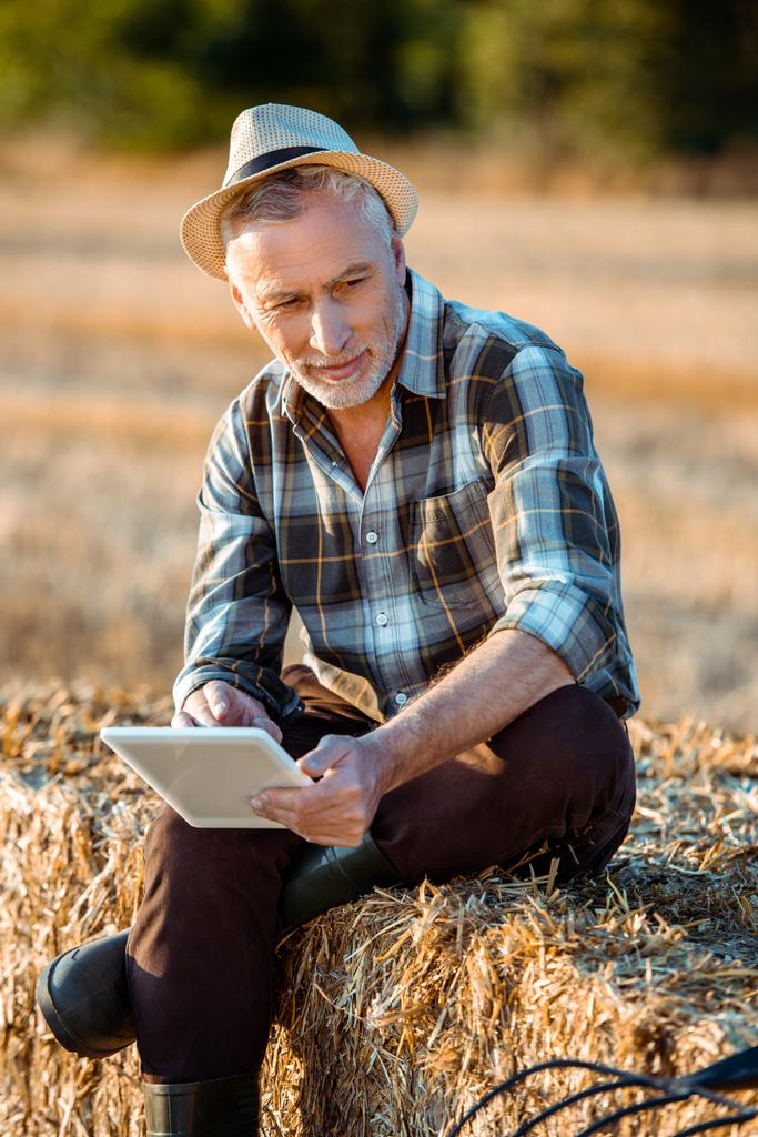 干し草のベールに座りながらデジタルタブレットを持つシニア農家  - 写真・画像
