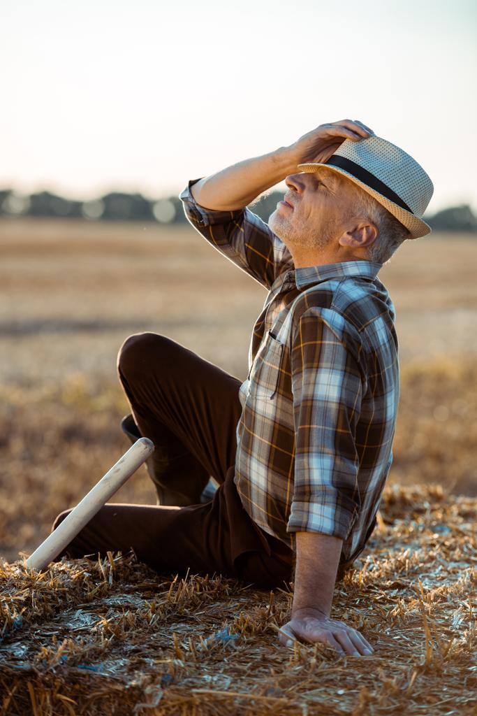 счастливый бородатый фермер сидит на тюке сена и трогает соломенную шляпу
  - Фото, изображение