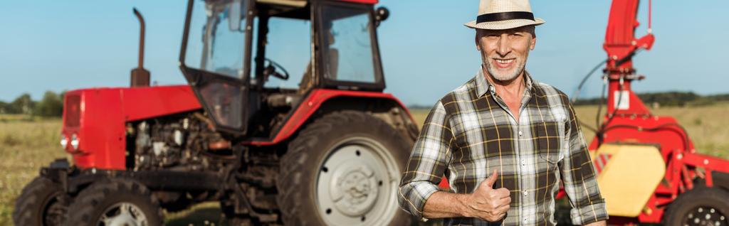 トラクターの近くに親指を示すわら帽子で幸せな自営業の農家のパノラマショット  - 写真・画像