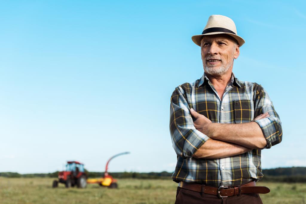 bearded senior farmer standing with crossed arms in field  - Photo, Image