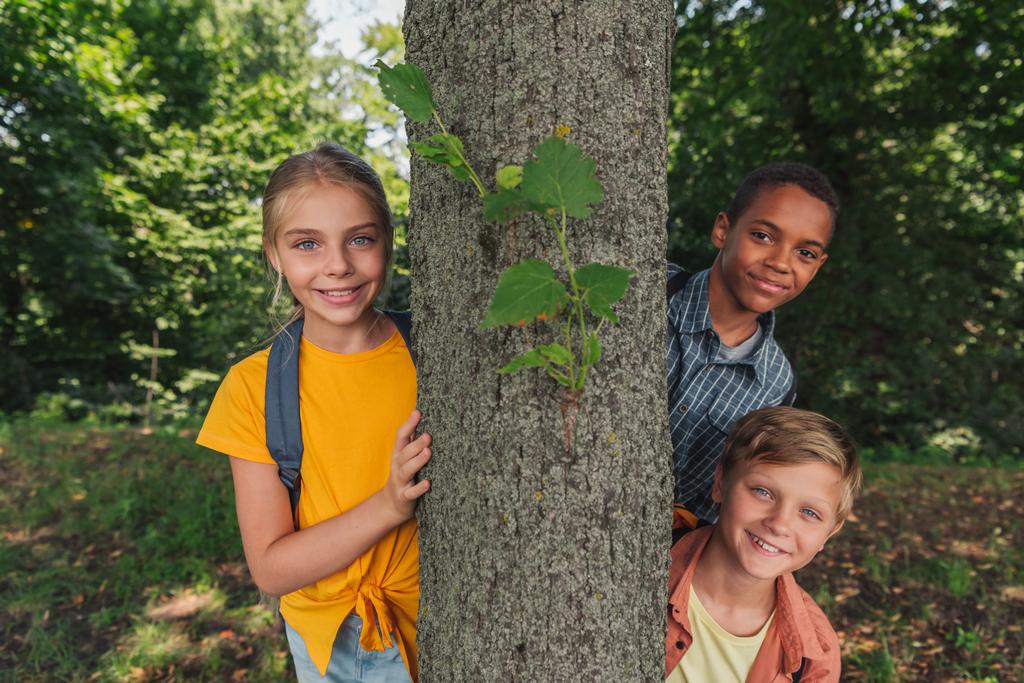 bambini multiculturali felici sorridenti vicino al tronco d'albero
  - Foto, immagini